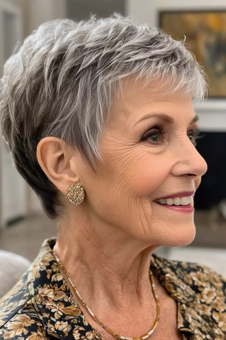 A photo of a 74-year-old Nancy, Razored Pixie Cut, Side view, living room background