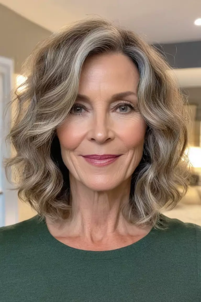 A photo of a 55-year-old Jessica, Wavy Bob, fine hair, Front view, living room background