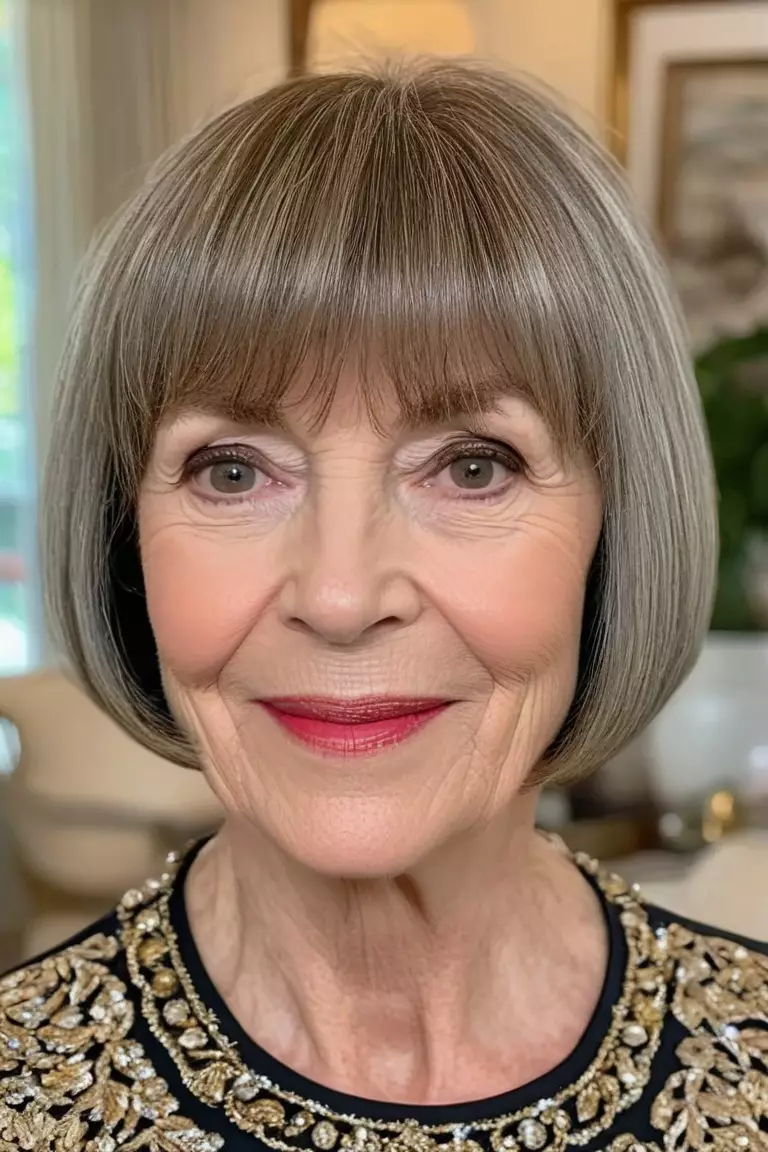 Jaw-Length Bob With Full Bangs A photo of a 67-year-old Elizabeth, fine hair, Jaw-Length Bob With Full Bangs, Front view, living room background