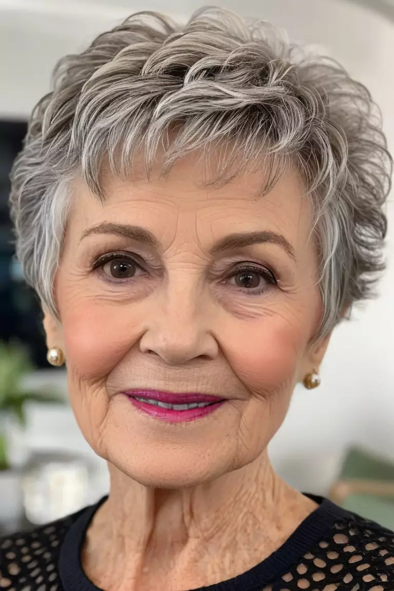 Textured Pixie A photo of a 74-year-old Dorothy, textured pixie hairstyle, front view, living room background.