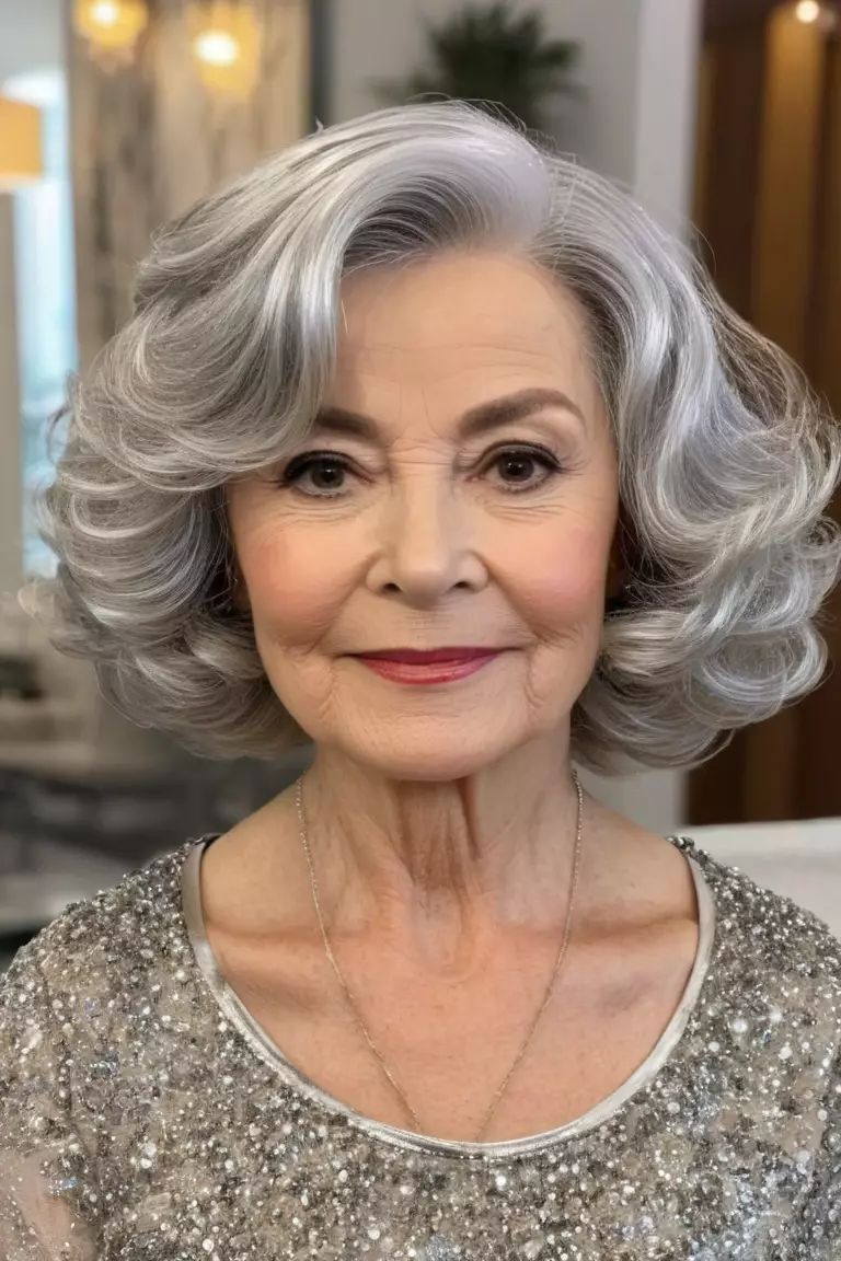 A photo of a 60-year-old Karen, with silver waves hairstyle, Front view, living room background