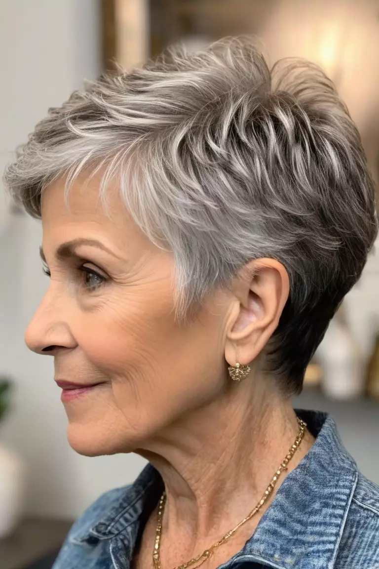 A photo of a 71-year-old Carol, Textured Pixie With Undercut, Side view, living room background