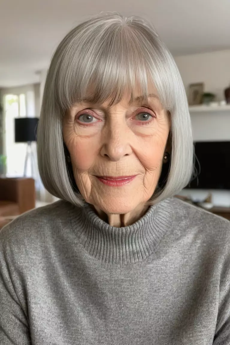 A photo of a 78-year-old Laura, long straight silver cut with bangs, front view, living room background