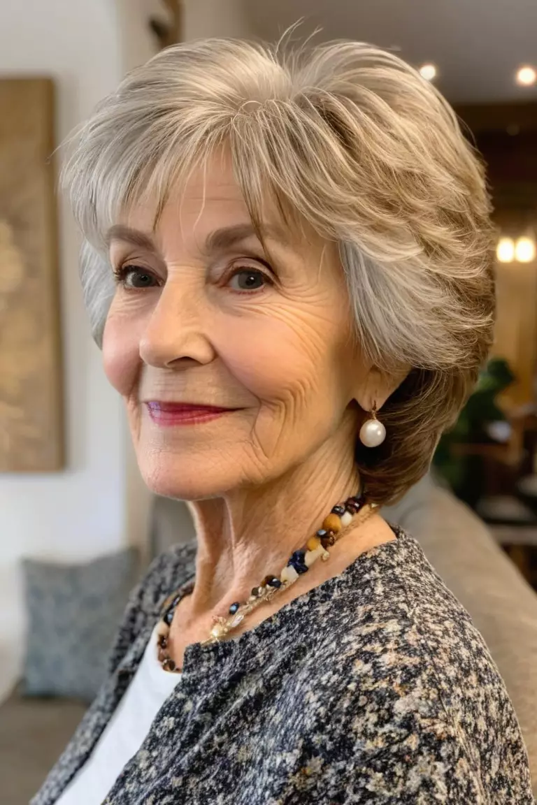 A photo of a 76-year-old Sharon, Short Shaggy Layers With Side Part, Side view, living room background