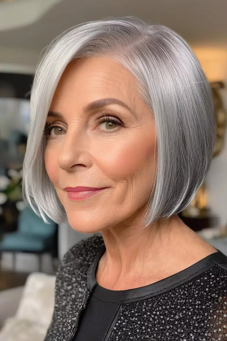 A photo of a 56-year-old Skylar, with a silver pixie bob, Front view, living room background