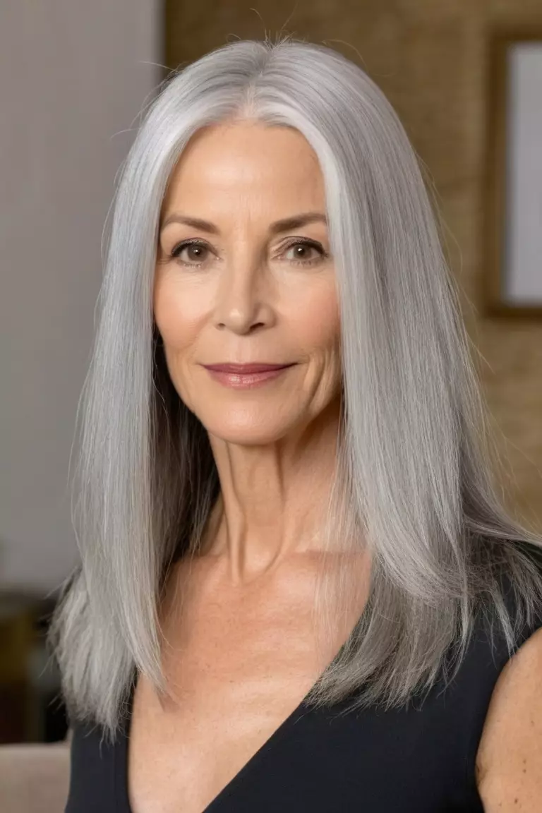 A photo of a 49-year-old Lisa, with long, straight silver hair, Front view, living room background