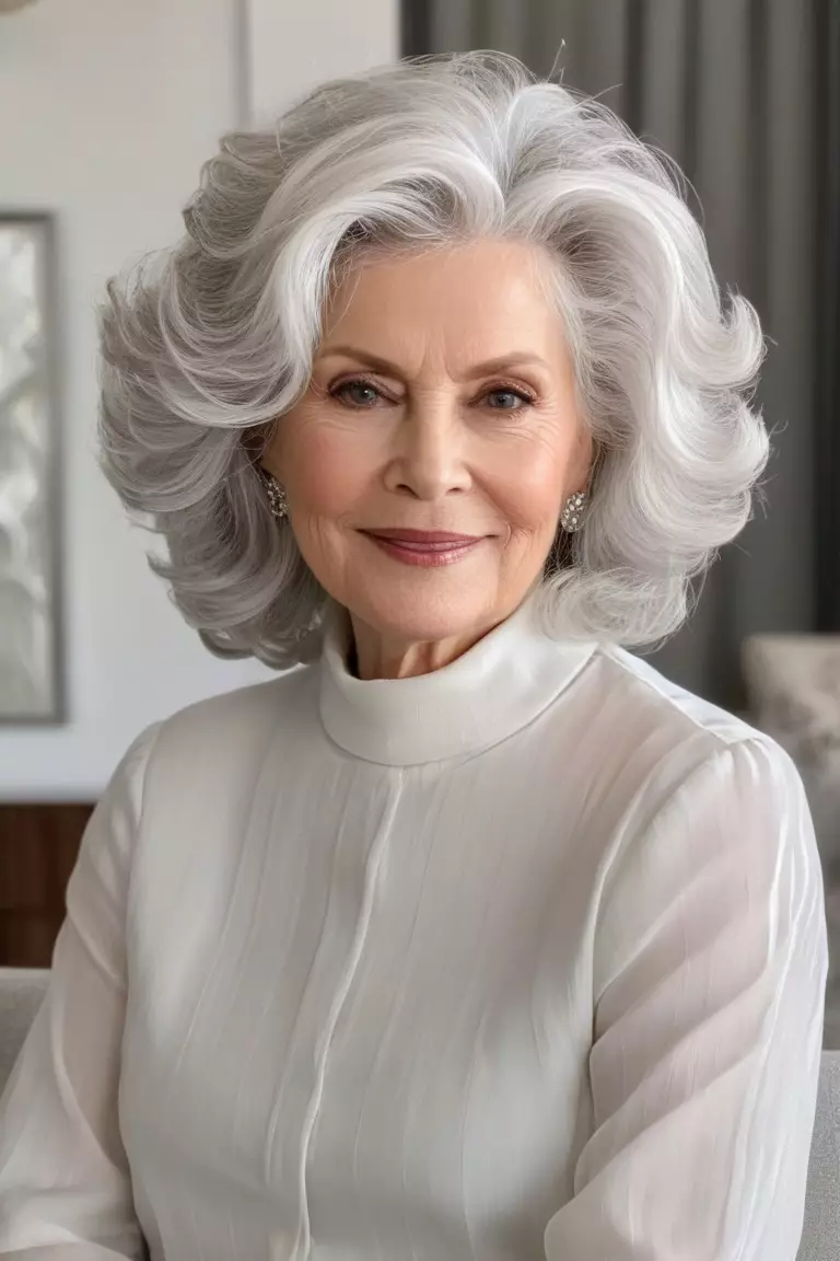 A photo of a 64-year-old Deborah, with voluminous silver white waves hairstyle, Front view, living room background