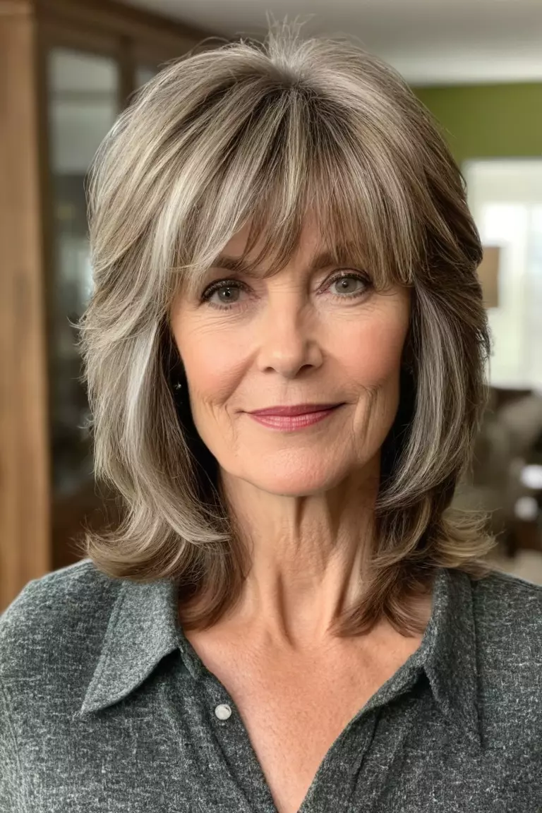 A photo of a 60-year-old Laura, styled with shaggy layers, bangs, and a side part, Front view, living room background