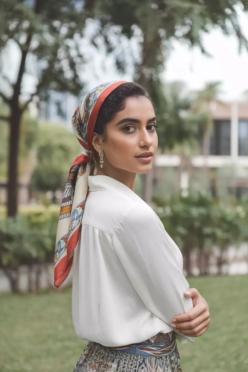 A beautiful woman with a scarf updo, front view, summer background