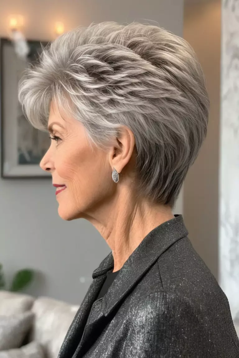 A photo of a 64-year-old Angela, presenting a tapered silver shag hairstyle, Side view, living room background
