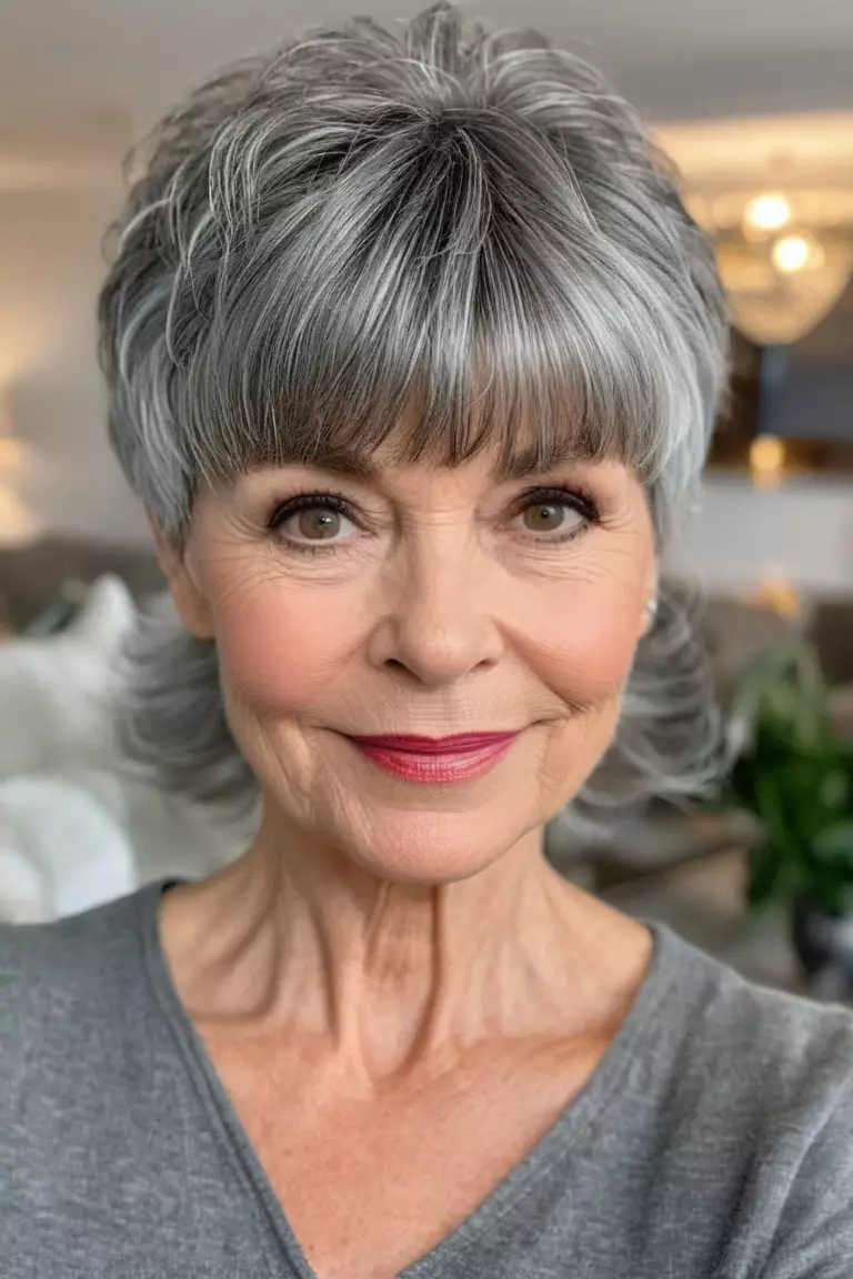 A photo of a 54-year-old Ella, with a gray pixie with full bangs, Front view, living room background