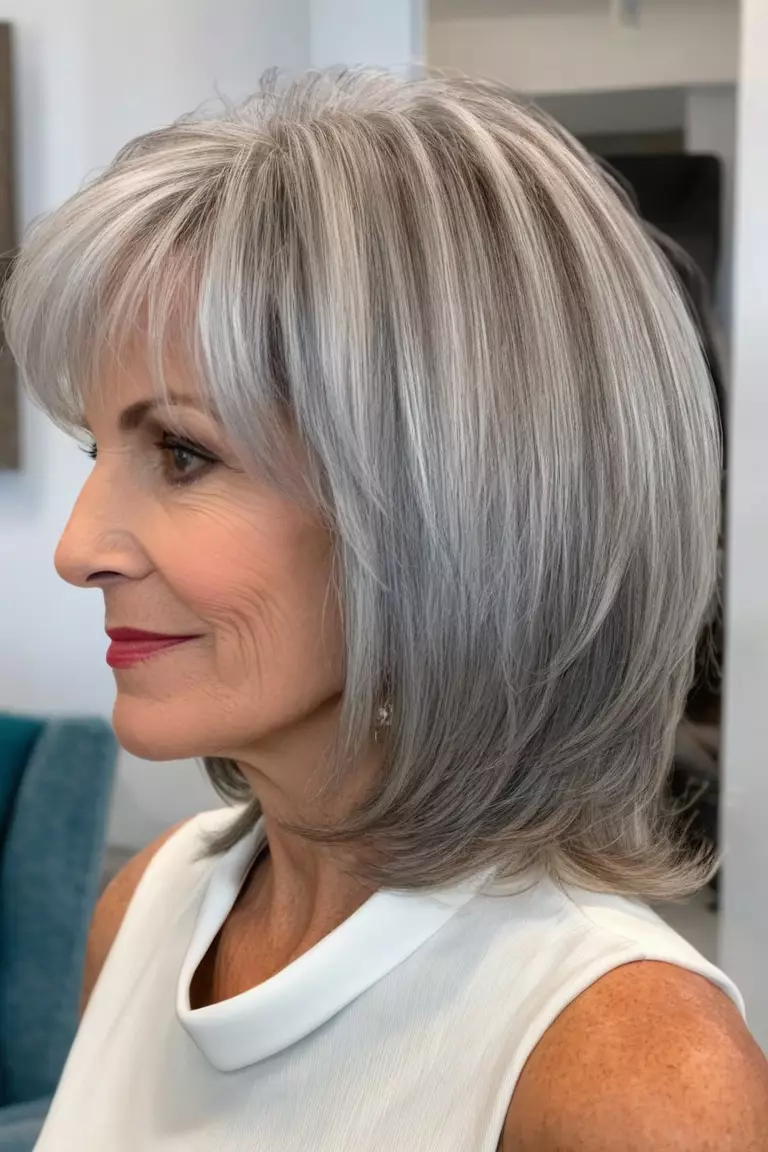A photo of a 57-year-old Pamela, medium-length silver layers with side swept bangs, side view, living room background