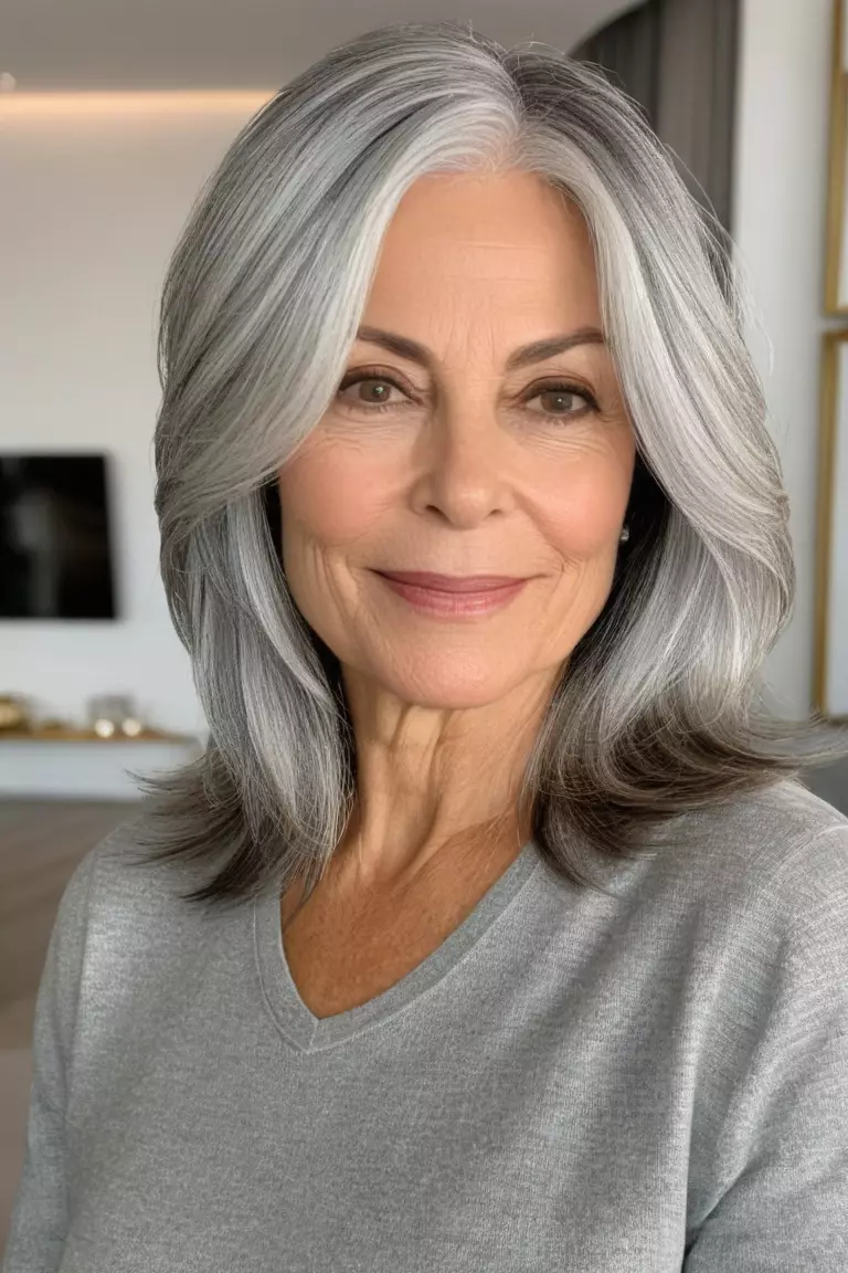 A photo of a 54-year-old Mila, with light silver layers, Front view, living room background