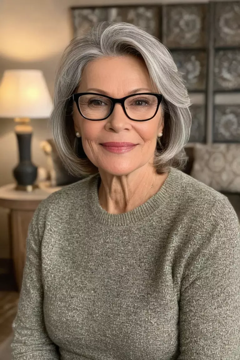 Textured Layers A photo of a 58-year-old Angela with glasses, Textured Layers, Front view, living room background