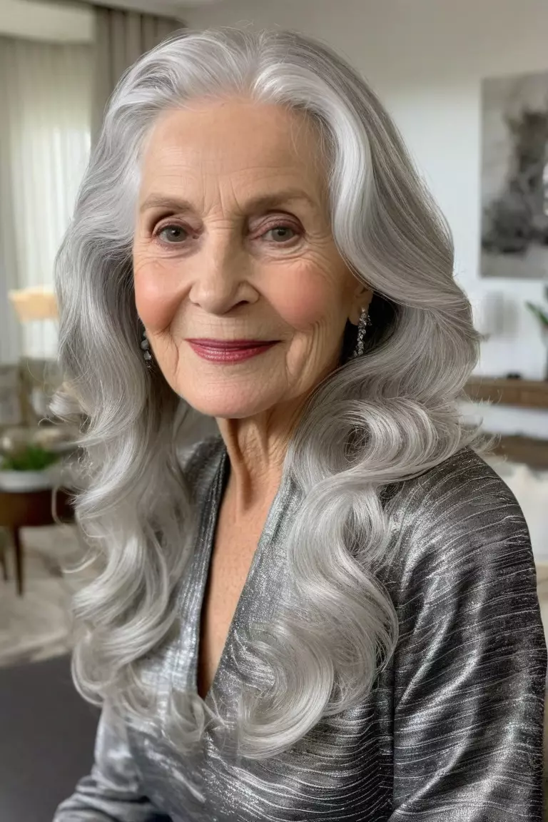 A photo of a 71-year-old Patricia, long silver waves with middle part, front view, living room background