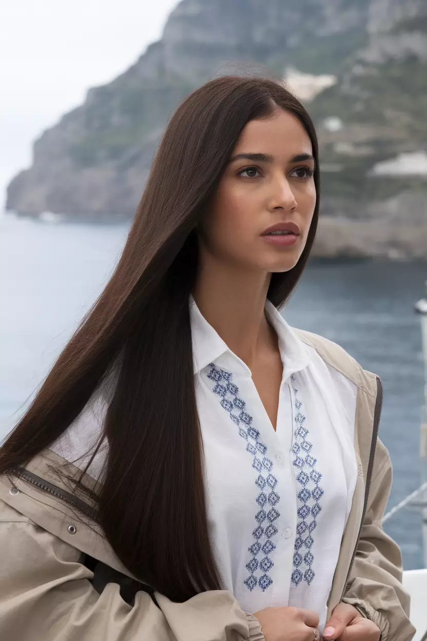 Espresso Brown Shine A beautiful woman with a long, shiny, straight espresso brown hair, Back view, coastal town background