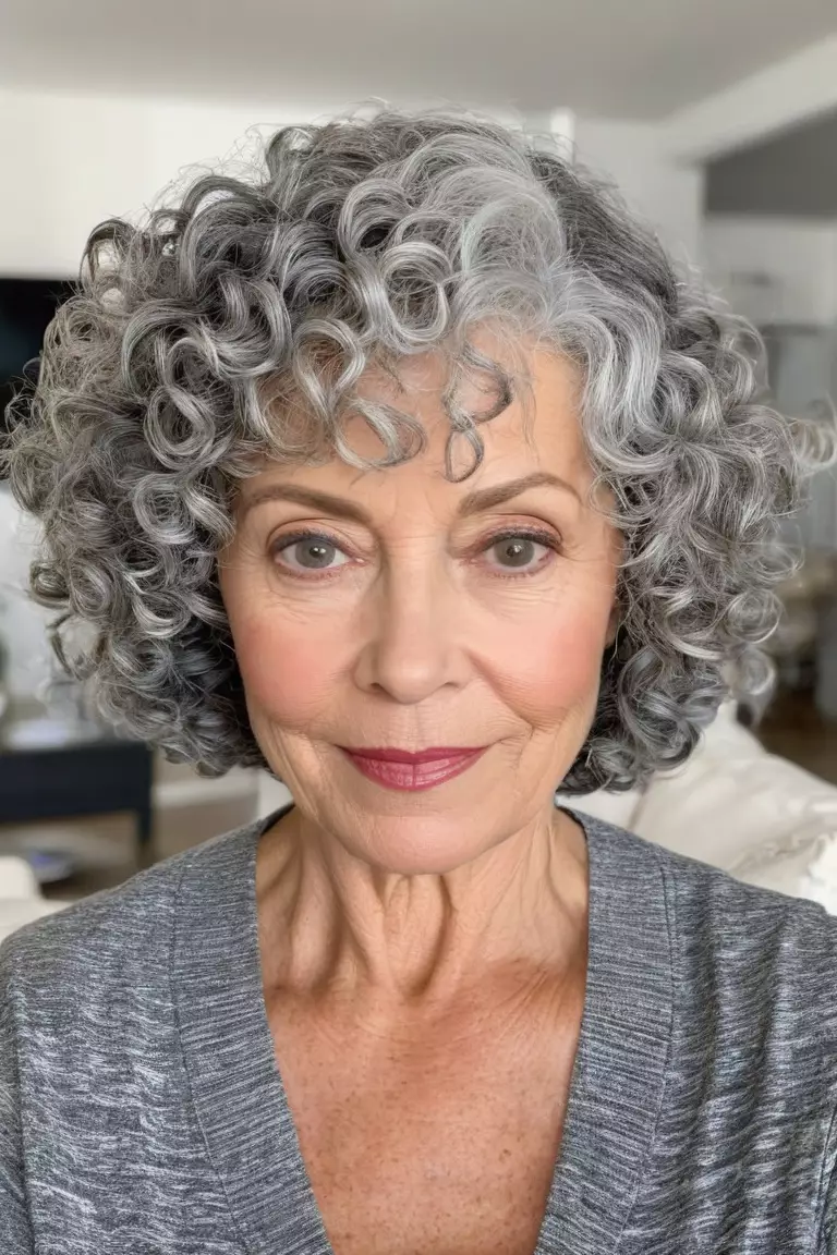 A photo of a 57-year-old Lucy, with a curly gray bob, Front view, living room background