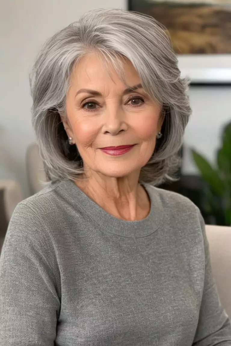 A photo of a 67-year-old Brenda, with a wispy gray lob hairstyle, Front view, living room background