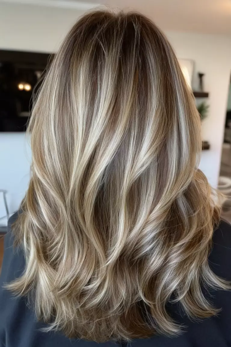A photo of a 50-year-old Mary, Long Layers with Highlights, fine hair, Front view, living room background