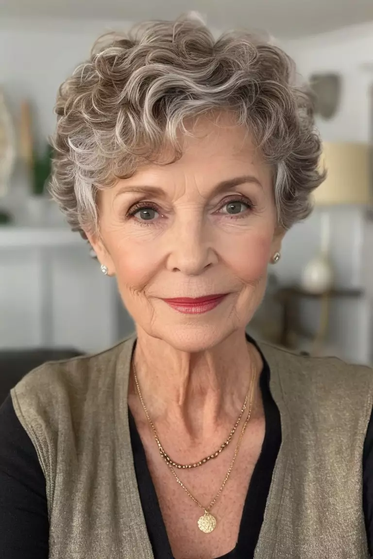 A photo of a 70-year-old Ashley, Short Wavy Pixie, Front view, living room background