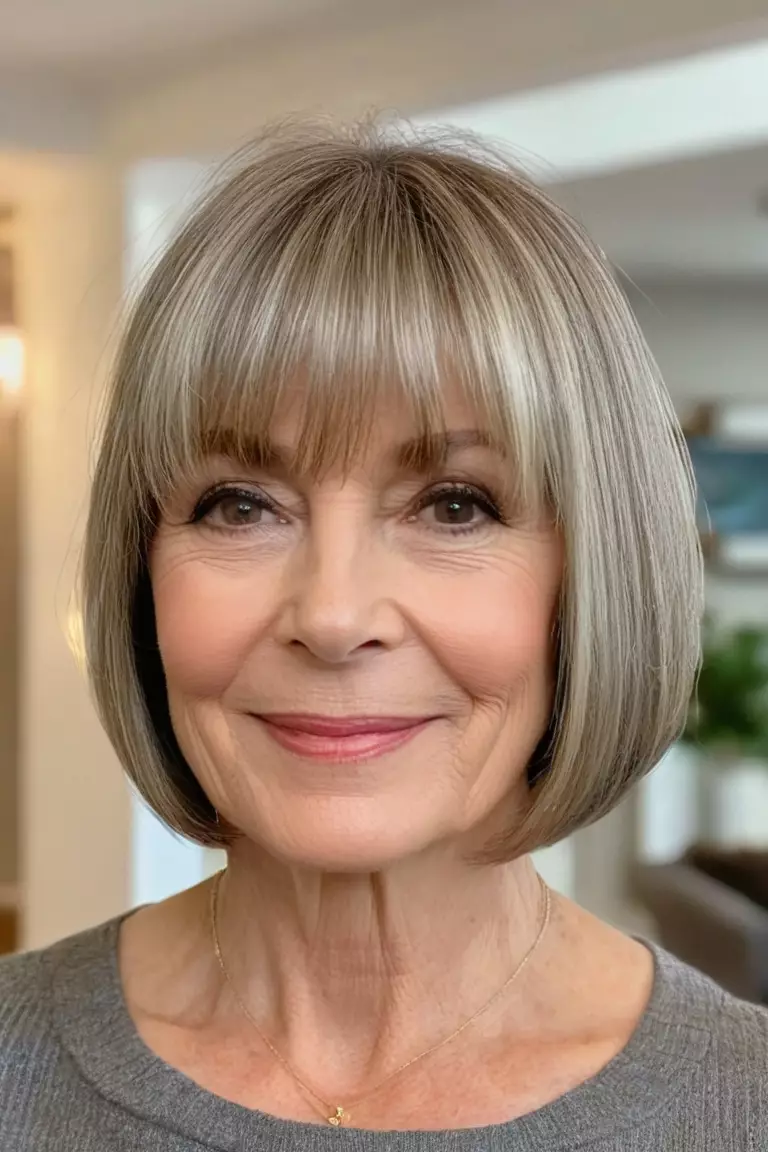 Straight Bob with Wispy Bangs A photo of a 62-year-old Jennifer, fine hair, Straight Bob with Wispy Bangs, Front view, living room background