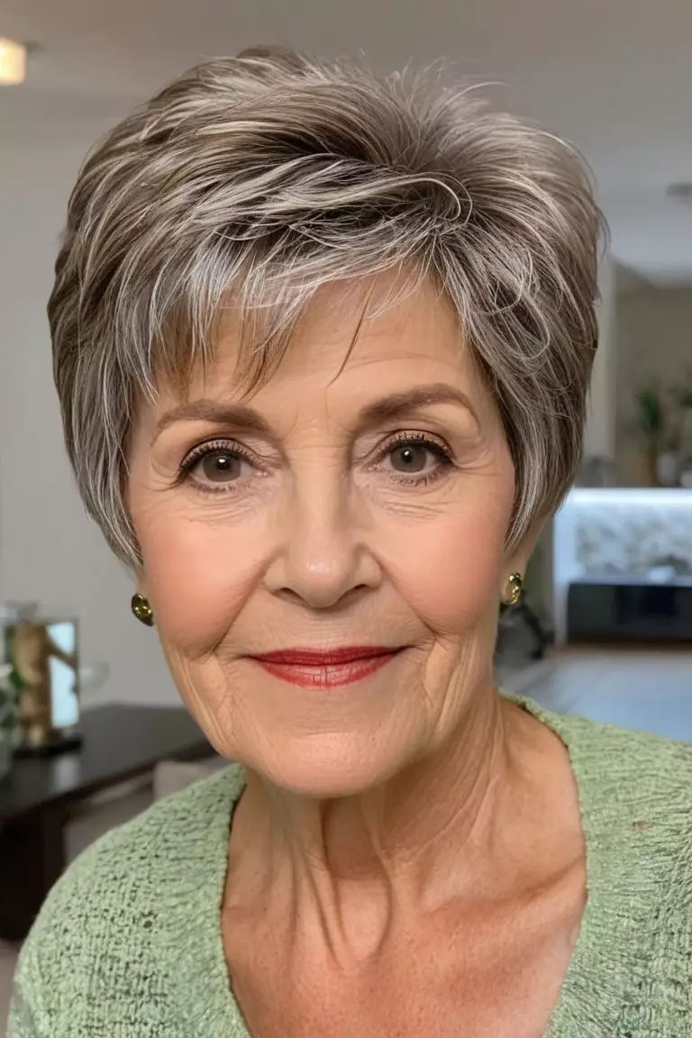 A photo of a 68-year-old Nancy, with a short textured pixie shag hairstyle, Front view, living room background