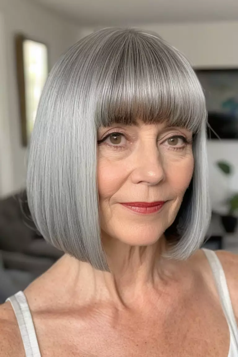 A photo of a 54-year-old Amy, blunt silver bob with straight bangs, front view, living room background