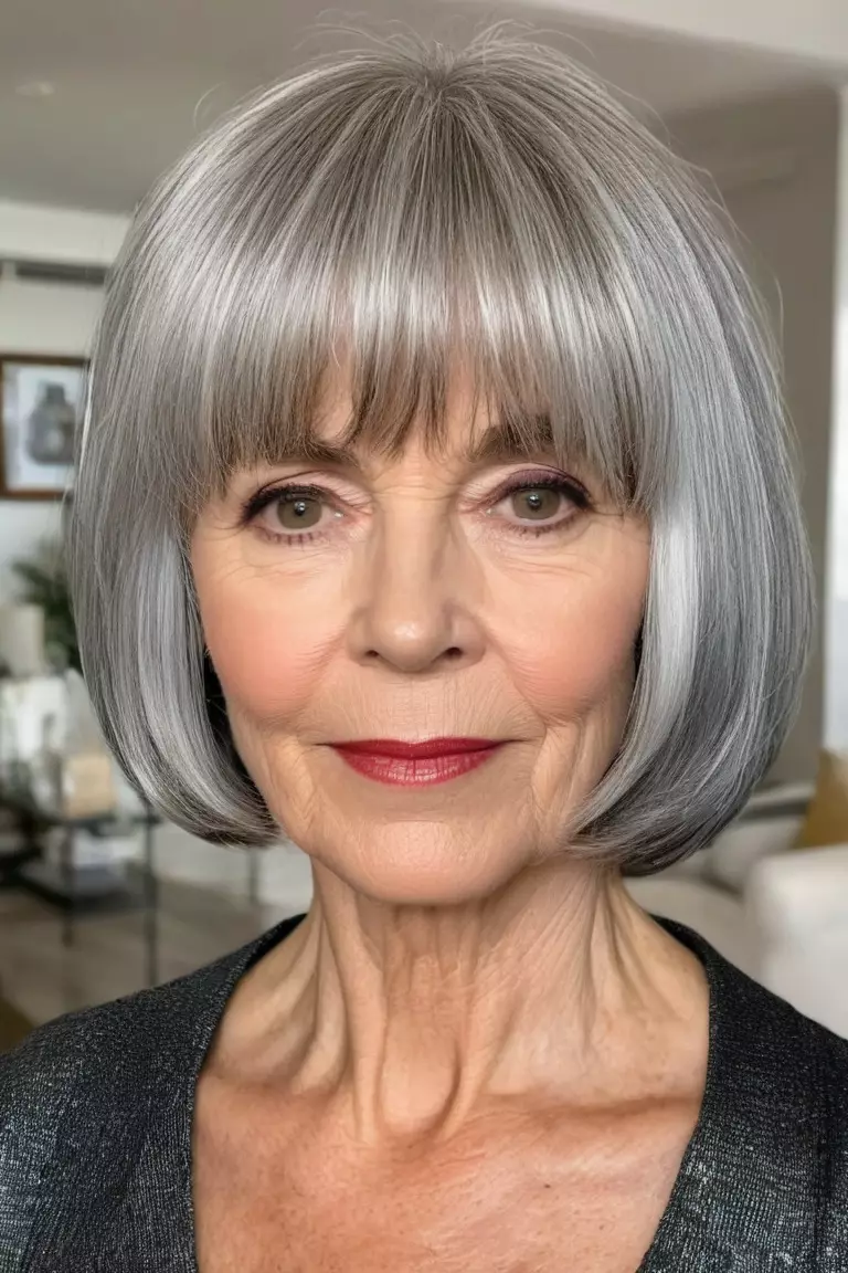 A photo of a 59-year-old Megan, silver bob with soft layers and bangs, front view, living room background