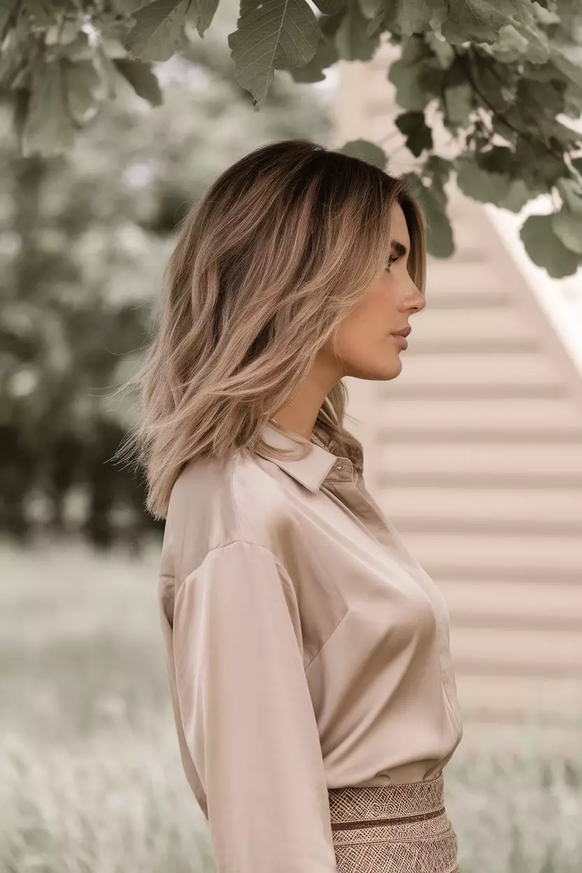 Taupe Blonde A beautiful woman with a medium-length layered taupe blonde hairstyle, Side view, summer background