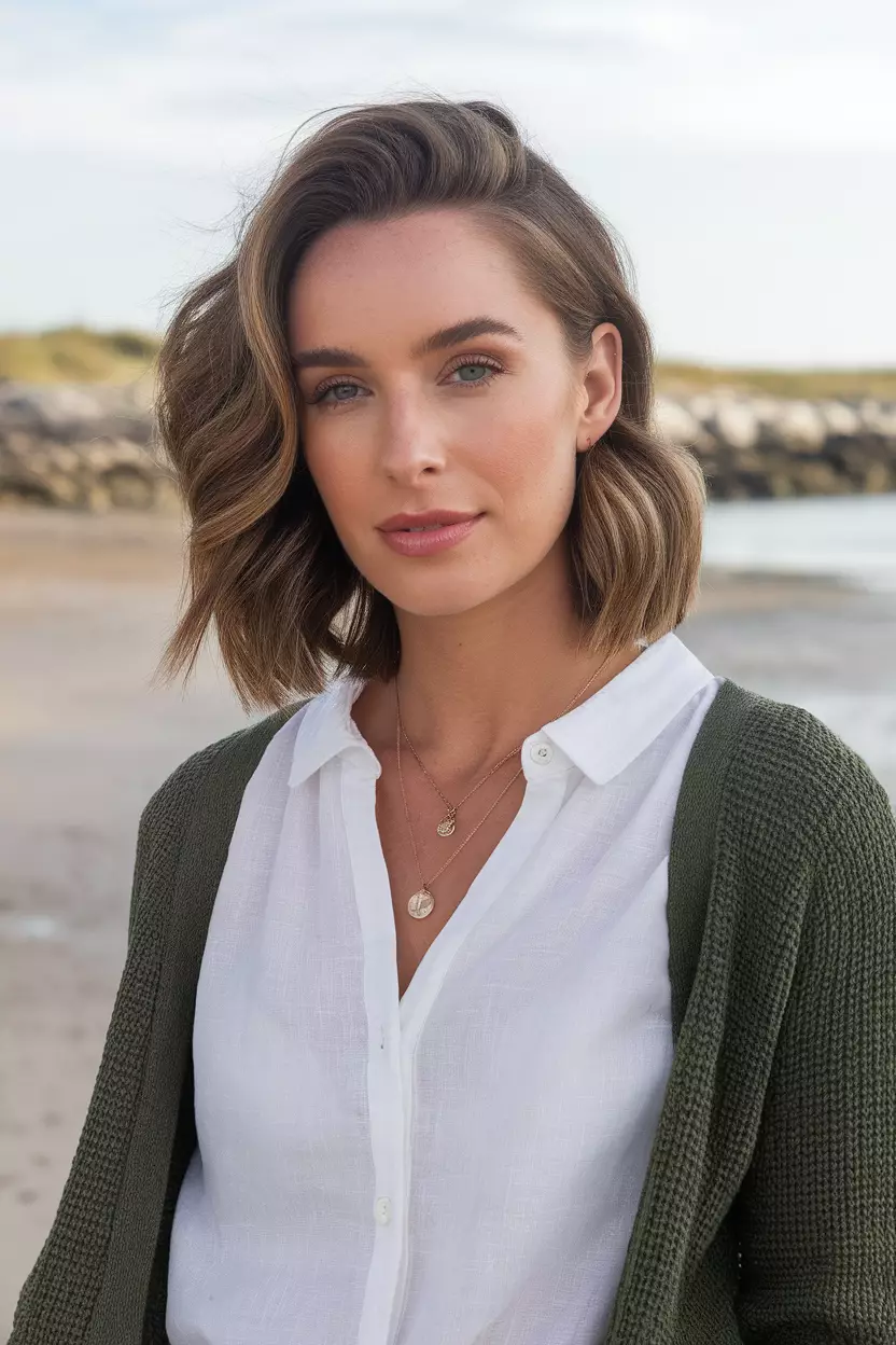 A beautiful woman with medium hair styled in beachy waves, front view, sandy shoreline background
