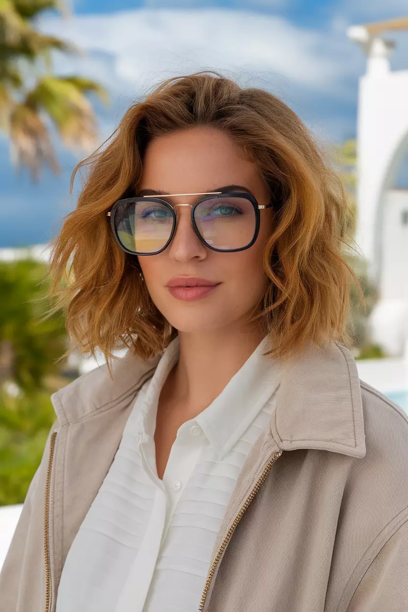 Golden Blonde A beautiful woman with shoulder-length golden blonde hair, large curls, Side view, summer background
