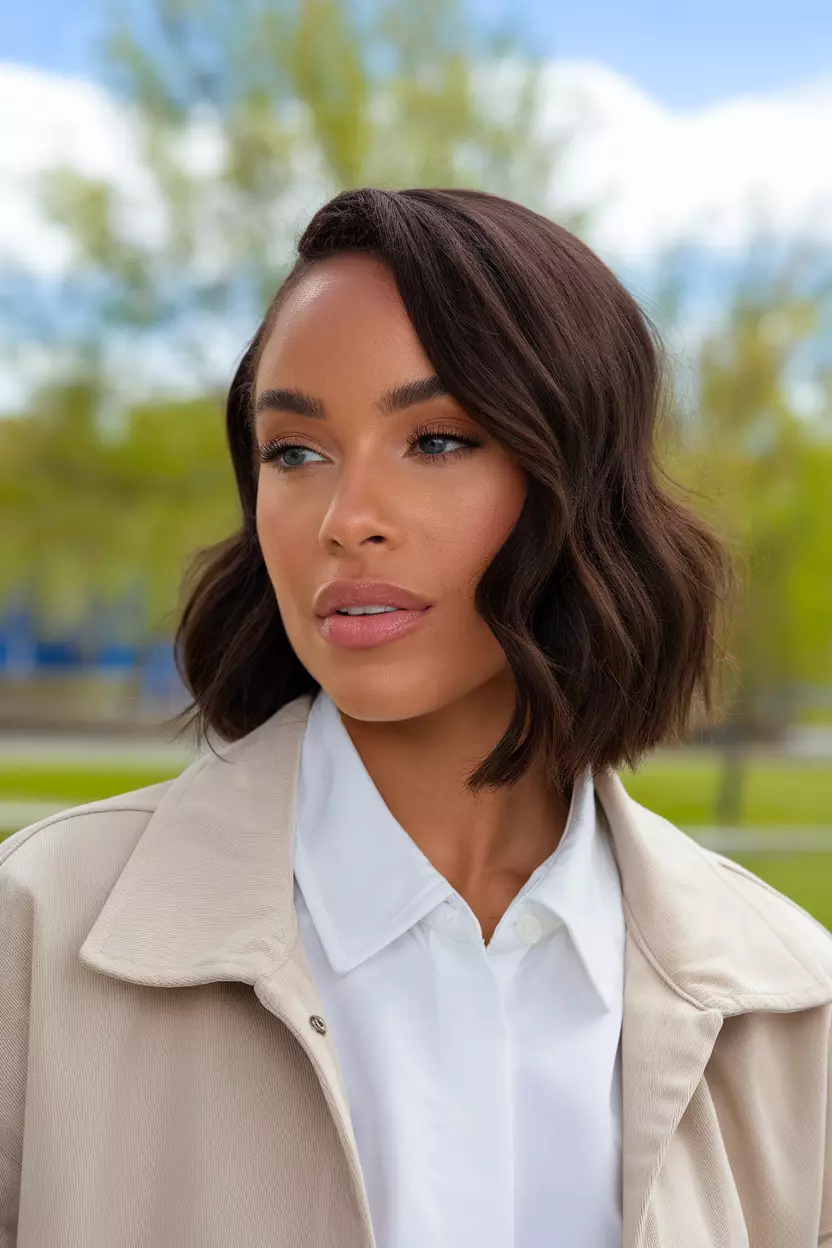 Milk Chocolate Melt A beautiful woman with a milk chocolate melt medium-length wavy hairstyle, Front view, summer background