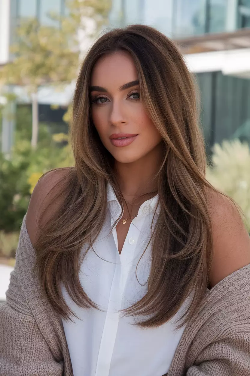 Iced Mocha Brown A beautiful woman with a long iced mocha brown hairstyle, Back view, summer background