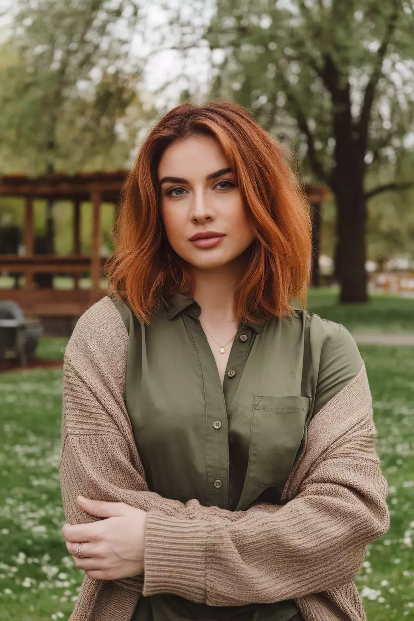 Copper Brown Tones A beautiful woman with a shoulder-length hair in copper brown tones, Front view, park background