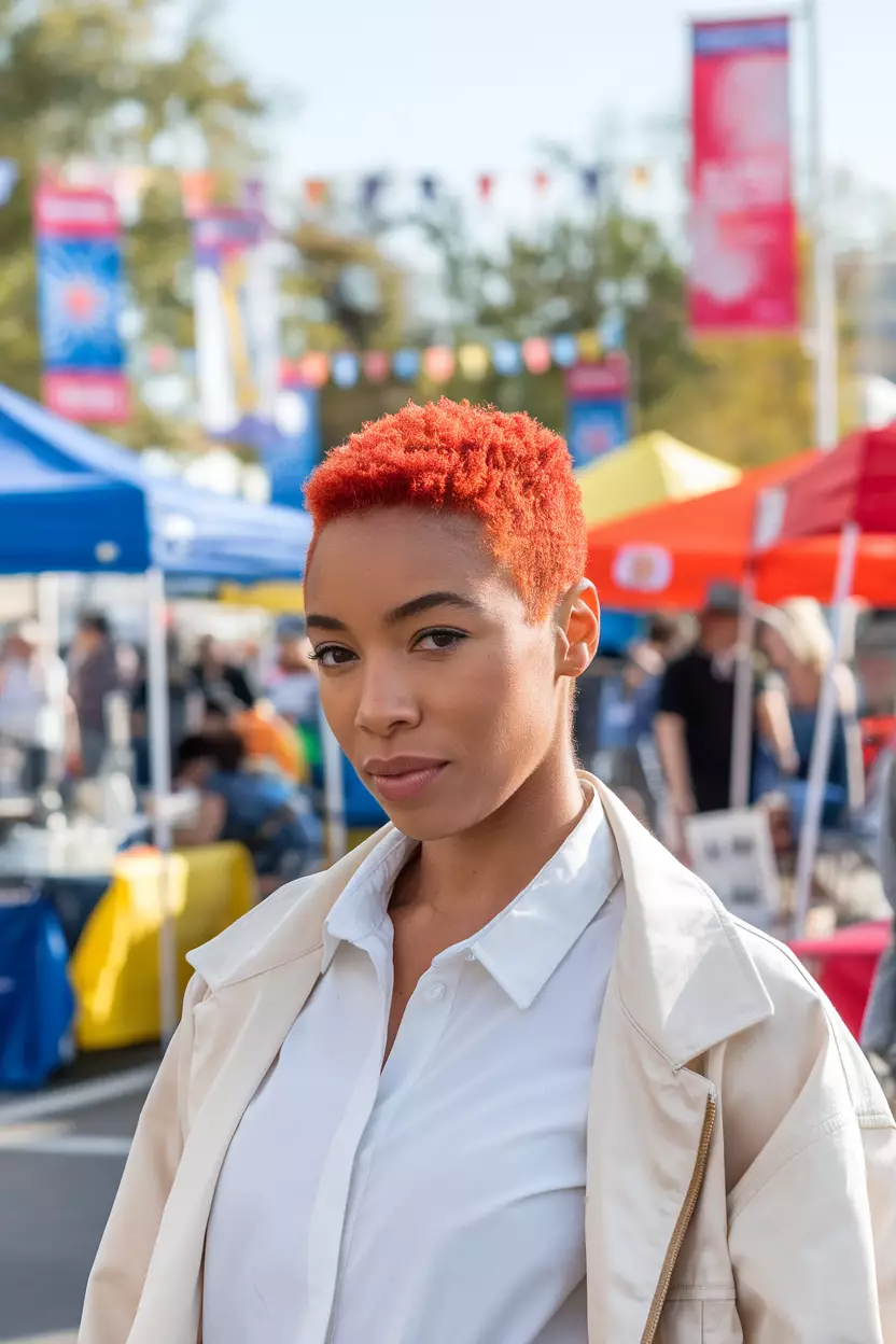 Fiery Red Short Cut A beautiful black woman with a fiery red short natural haircut, front view, vibrant summer street fair background