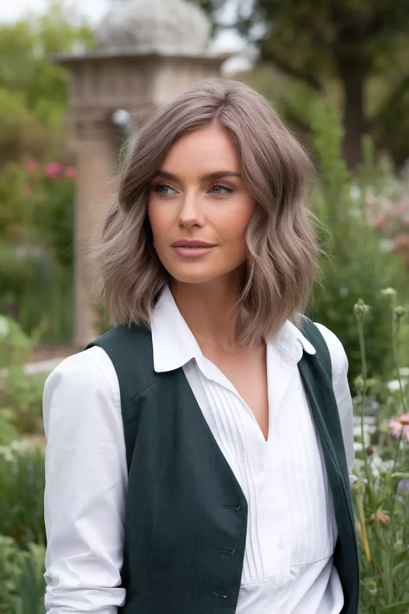 Ash Brown Waves A beautiful woman with a medium-length wavy ash brown hair, Side view, garden background
