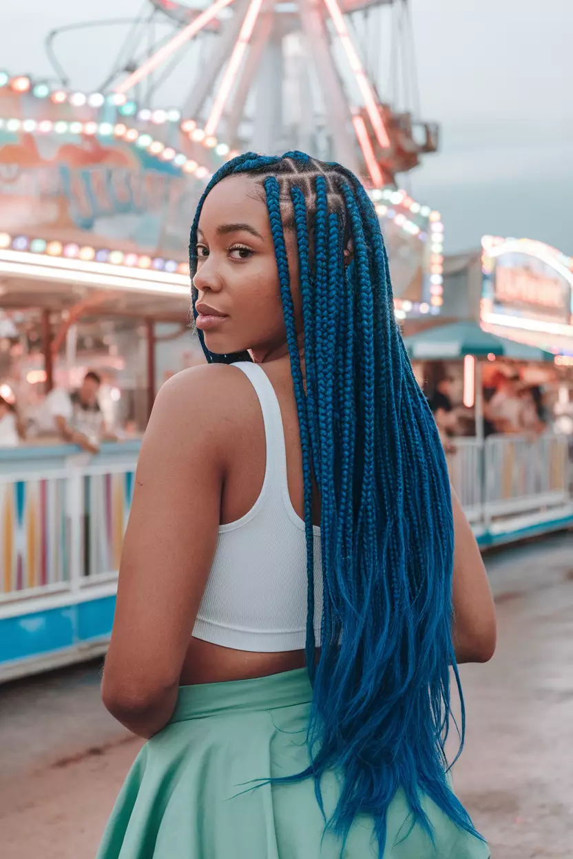 Electric Blue Long Braids A beautiful black woman with long electric blue box braids, back view, neon-lit summer carnival background