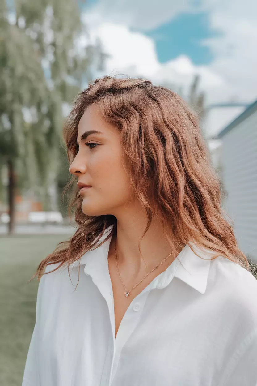 Rose Brown A beautiful woman with a wavy rose brown hairstyle, Side view, summer background