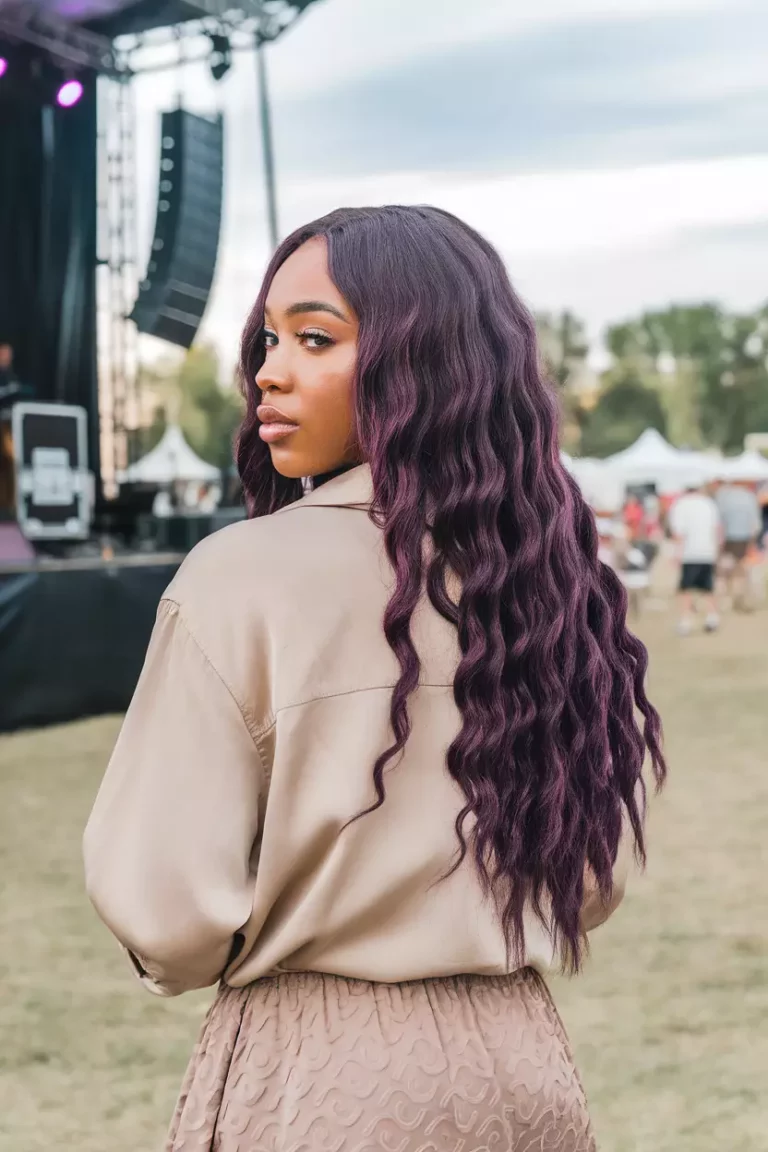 A beautiful black woman with long deep purple wavy hair, back view, summer music festival background