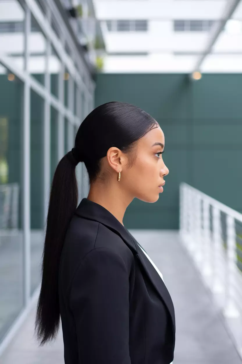 A beautiful woman with an almost black sleek ponytail hairstyle, side view, modern patio background