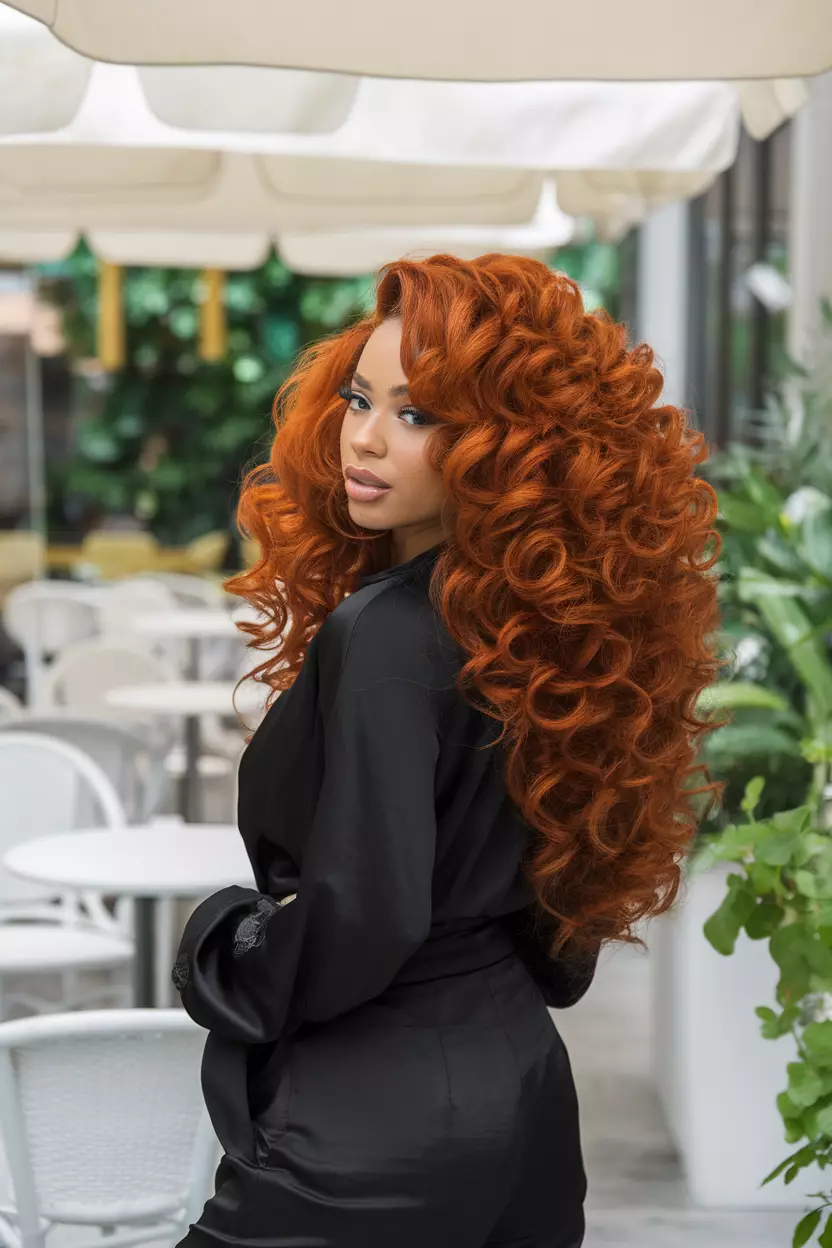 A beautiful woman with a voluminous curly Red Velvet hair, front view, outdoor cafe background