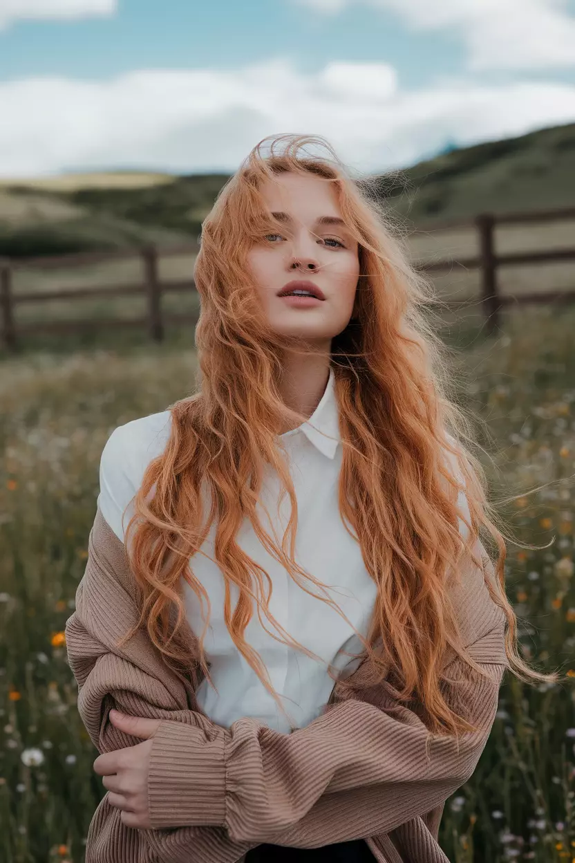 Apricot Blonde A beautiful woman with long, flowing apricot blonde hair with loose curls, Back view, summer background