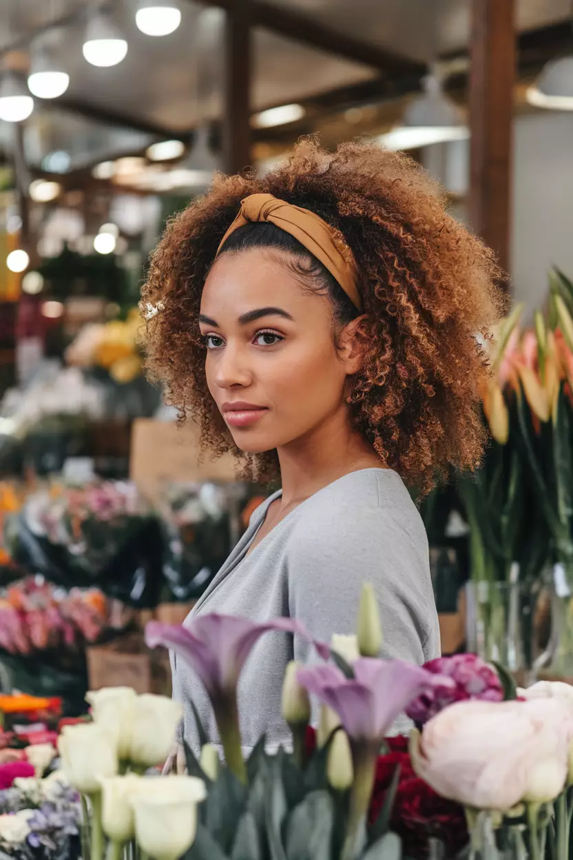 A beautiful woman with curly hair styled in a Headband Tuck, Front view, flower market background
