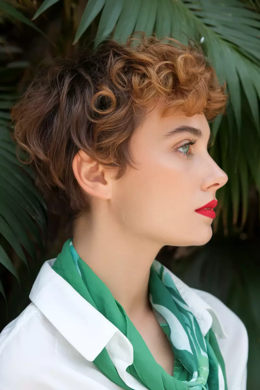 A beautiful woman with a Curly Pixie Cut, Side view, tropical leaves background