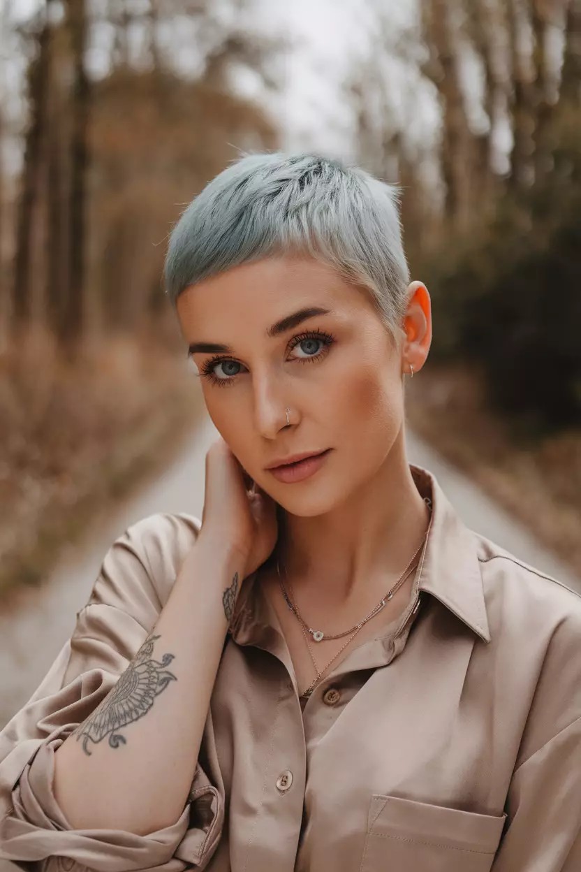 A beautiful woman with a Short Wolf Cut, Front view, forest path background