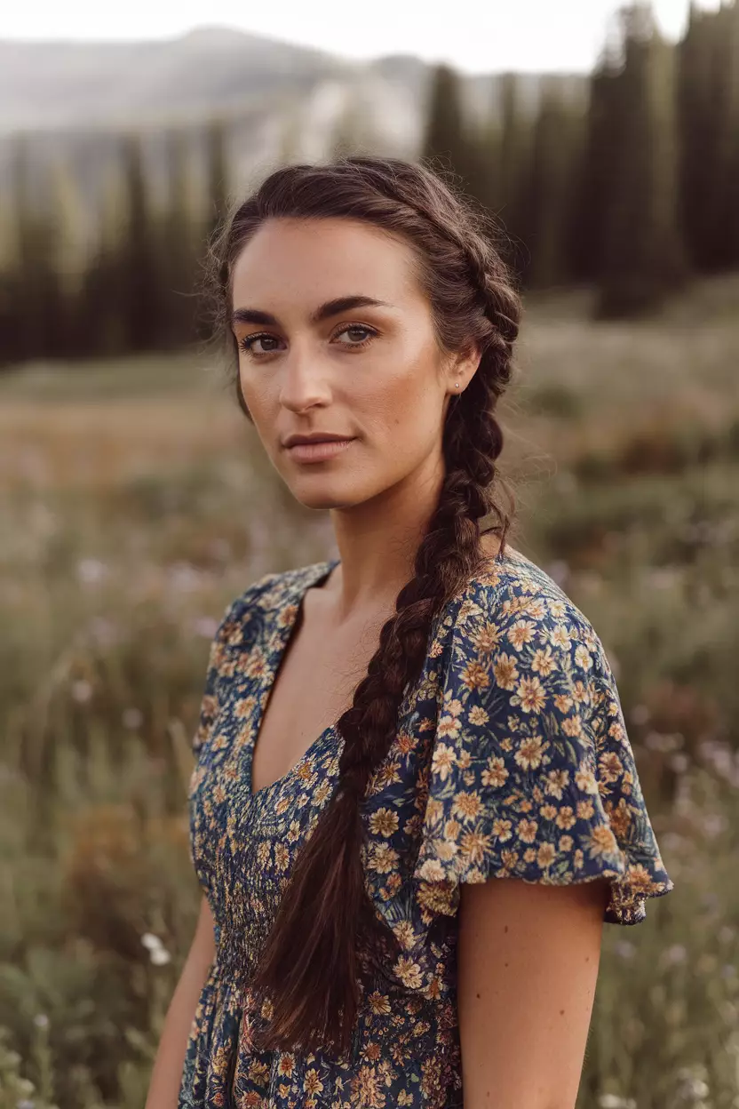 A beautiful woman with a Waterfall Braid, side view, meadow background