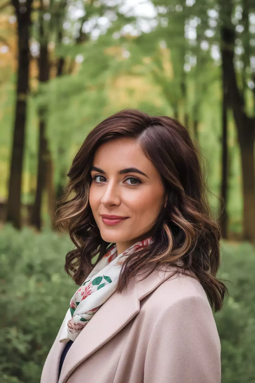 Dark Brown With Subtle Lights A beautiful woman with a dark brown wavy hair with very subtle highlights, Front view, forest background