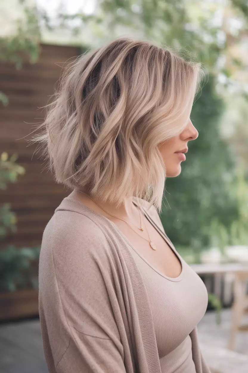 Cool Beige Blonde A beautiful woman with a layered cool beige blonde bob, Side view, summer background