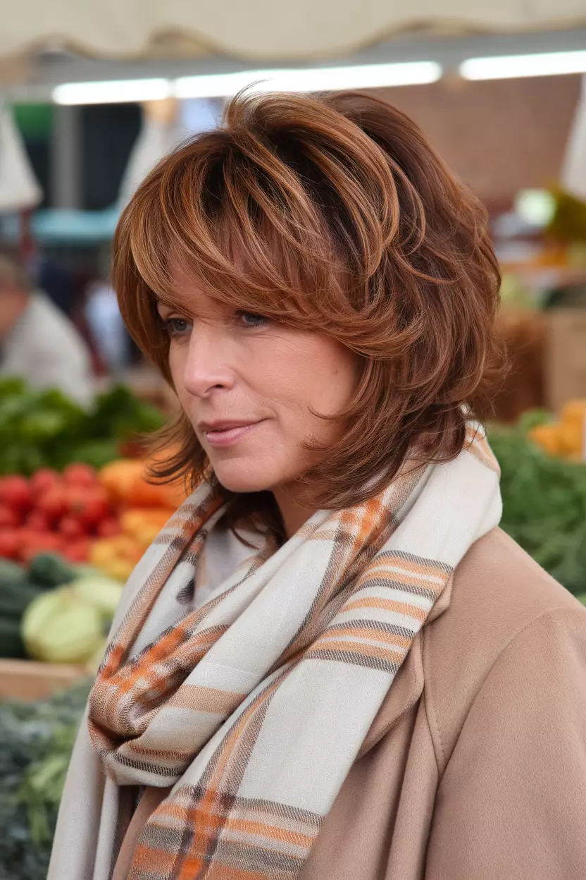 A beautiful woman with a layered medium Cinnamon Swirl hair, front view, farmer's market background