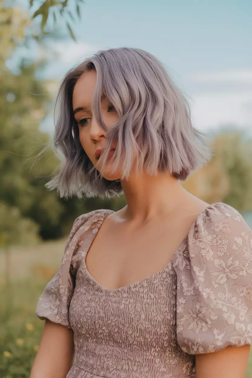 Muted Lavender Blonde A beautiful woman with a short muted lavender blonde bob, Front view, summer background